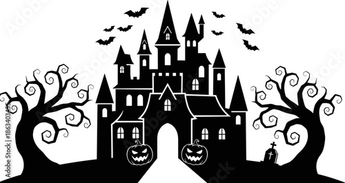 Black silhouette of Halloween haunted castle with spooky trees, bats and pumpkins, scary gothic fortress house icon isolated on white background, vector,