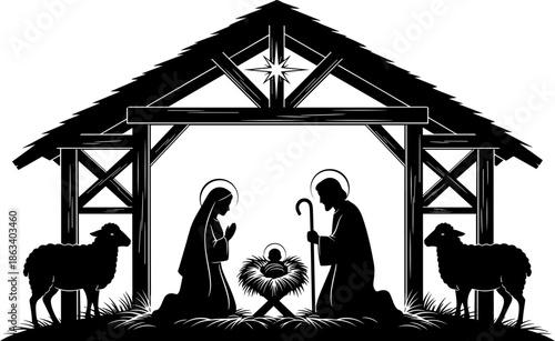 Black silhouette of Christmas Nativity scene with baby Jesus, Mary and Joseph in stable, religious holiday concept icons isolated on white background,