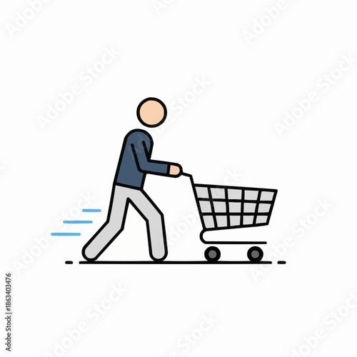 Fast Shopping: A minimalist graphic illustration shows a person swiftly maneuvering a shopping cart, capturing the essence of modern consumerism and the convenience of shopping.