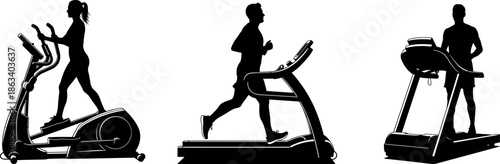 Black silhouettes of people exercising on cardio machines, woman on elliptical trainer, man running on treadmill, gym fitness equipment icons vector collection,