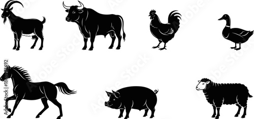 Collection of black farm animal silhouettes, goat, bull, rooster, duck, horse, pig and sheep icons, livestock and poultry vector set on white background,