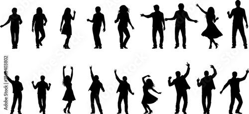 Collection of black silhouettes of people dancing and celebrating, happy men and women in energetic party poses, diverse group of festive human figures,