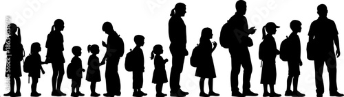 Collection of children and students silhouettes with backpacks standing in line, back to school concept, diverse group of kids vector icons set,