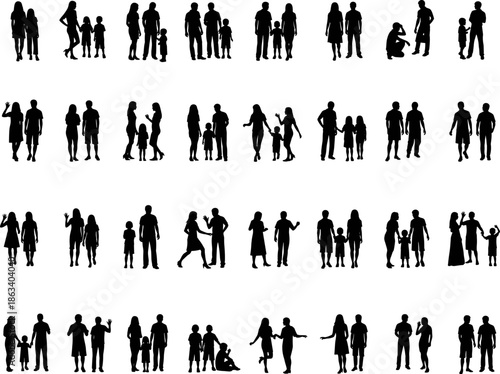 Collection of diverse family silhouettes set, parents and children walking, standing and talking, happy people group icons isolated on white background vector,