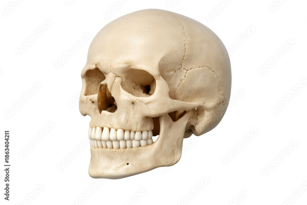 Fototapeta premium Human skull showing anatomical structure, dentistry, medicine, death, and mortality concepts with transparent background