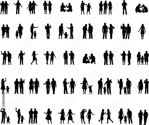 Collection, of, black, human, silhouettes, featuring, families, couples, parents, children, and, people, in, various, standing, sitting, walking, and, interacting, poses, for, graphic, design