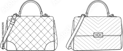 Fashion, Technical, Sketch, Of, Luxury, Handbags, Featuring, Quilted, Pattern, Top, Handle, Shoulder, Strap, Metal, Clasp, Front, And, Back, Views, For, Design, Accessory, Development.