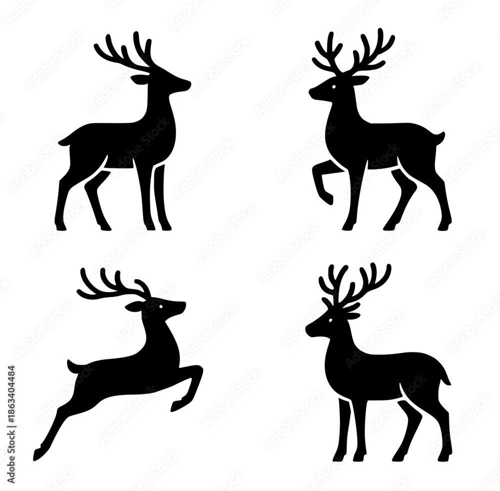 Naklejka premium 4 reindeer illustration icons, silhouette, transparent background