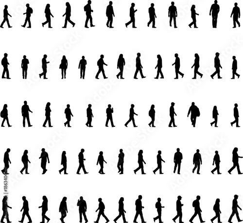 Large collection of black silhouettes of people walking, diverse group of men and women moving forward, side view pedestrian icons for architectural rendering,
