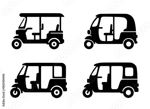 4 rickshaw illustration icons, silhouette, transparent background