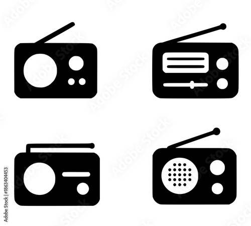 4 radio illustration icons, silhouette, transparent background