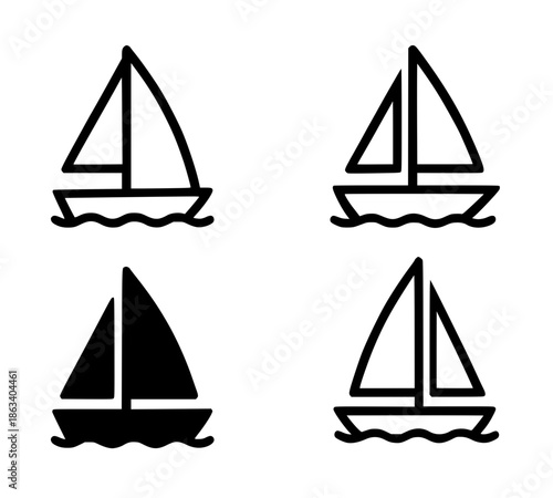 4 sailboat illustration icons, outline and silhouette, transparent background