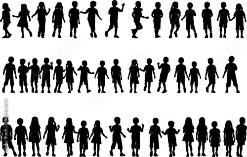 Large collection of children and family silhouettes set, happy kids playing, parents walking with sons and daughters, diverse people group vector icons pack,
