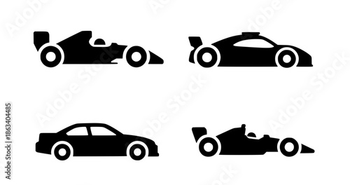 4 racing car illustration icons, silhouette, transparent background