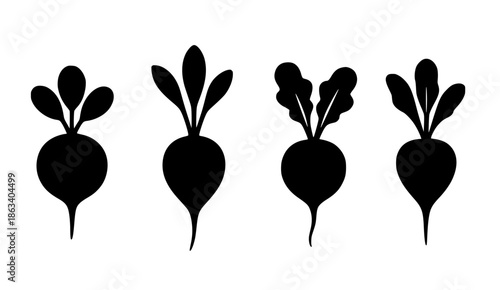 4 radish illustration icons, silhouette, transparent background