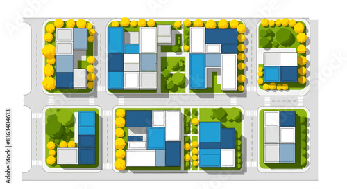 housing complex floor plan with multiple buildings and green spaces