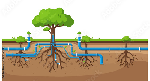 tree roots and soil water irrigation system underground