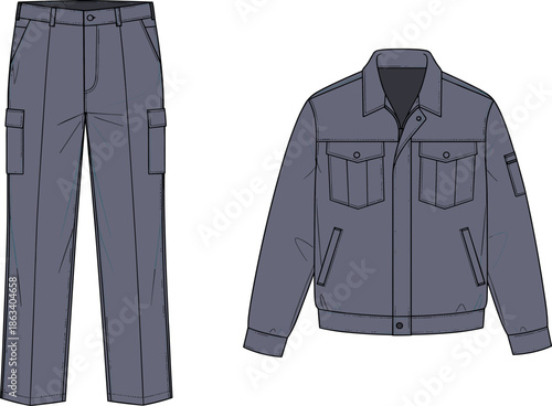 Men's industrial workwear uniform technical sketch, gray cargo pants and matching utility jacket with pockets, apparel fashion flat template vector illustration, garment,