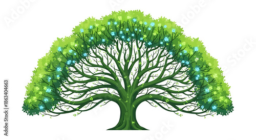 tree with green leaves and blue lights on branches symbolizing growth