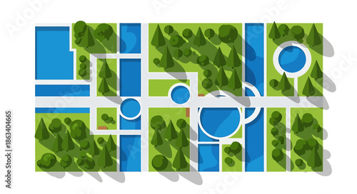 aerial view of park with ponds and trees