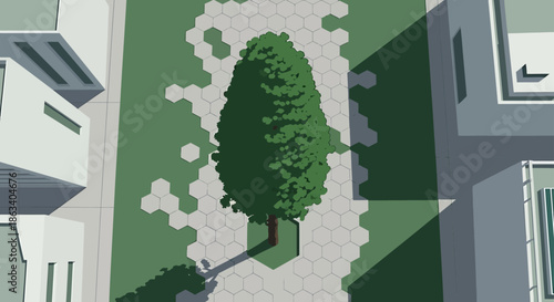 top down view of urban garden with tree and pathway between buildings