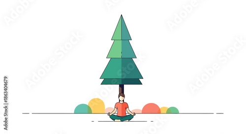 woman meditating under pine tree in nature serene atmosphere