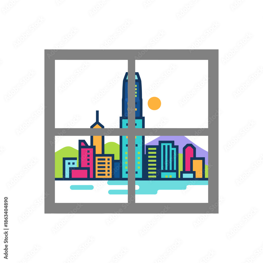 Obraz premium city skyline view from window with buildings and sun