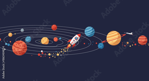 solar system planets orbiting around sun with rocket spaceship