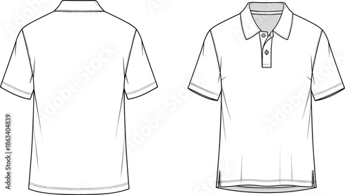 Men's short sleeve polo shirt technical sketch, front and back view of classic collared golf jersey, apparel fashion flat template vector illustration,