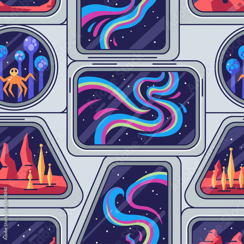 space exploration colorful alien planets and creatures in spaceship windows
