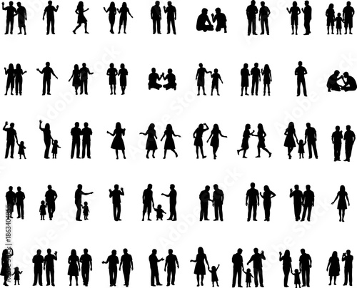 People silhouettes collection, diverse groups interacting, family figures, couples talking, friends walking, standing human icons set for community, social communication, isolated on white background.