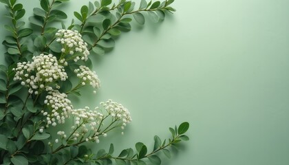 Delicate white flowers, green leaves form gentle border on soft pastel background. Minimalist composition offers ample copy space for text design elements. Fresh botanical arrangement ideal for
