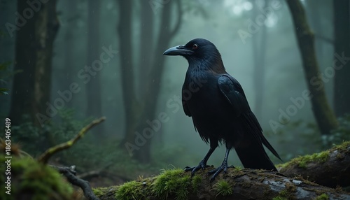 A black crow perches on moss covered log in a dark, misty forest. Tall trees fade into fog creating a mysterious atmosphere. The bird looks alert.