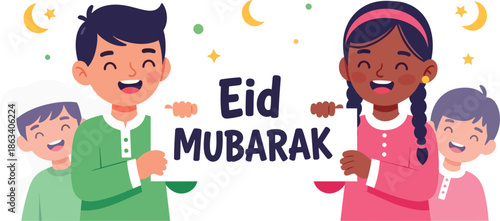Children Holding Eid Mubarak Sign Together.