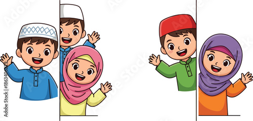 Cartoon Children Wearing Islamic Headwear.