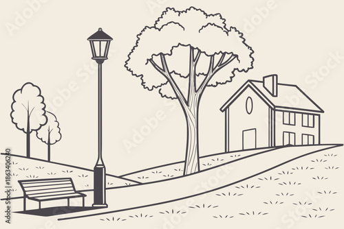 A tranquil park scene unfolds with a charming house and mature tree, rendered in a clean, minimalist vector style, perfect for representing suburban living and outdoor leisure.