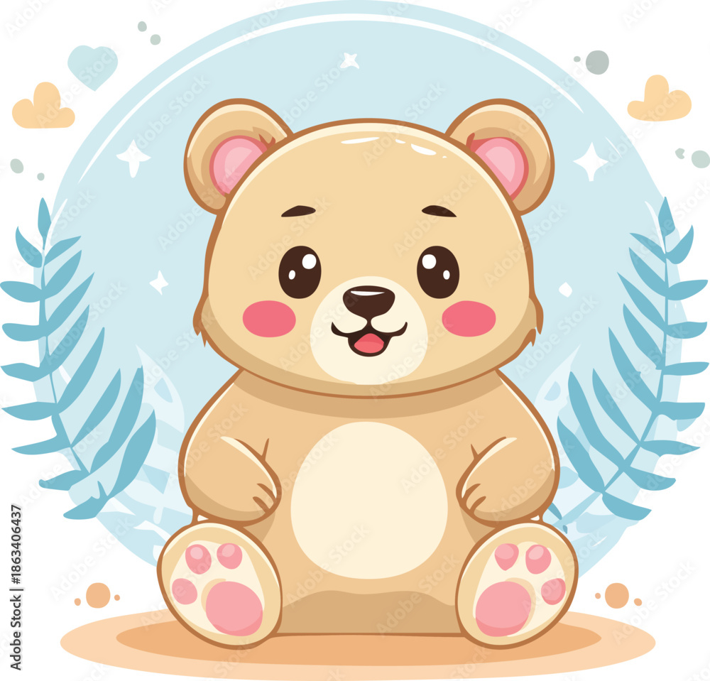 Obraz premium Adorable cartoon bear sitting on a white background with blue leaves and stars surrounding it
