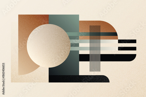 Abstract geometric background with circles, lines and grain texture in mid century modern style