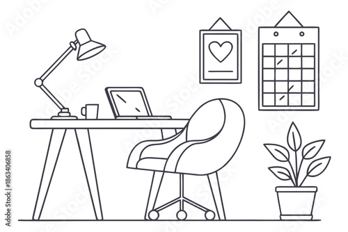 A modern home office interior is depicted with essential elements for productivity, showcasing a clean and functional workspace, perfect for design projects and remote work themes.