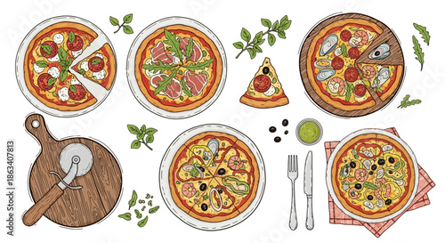 Assorted Pizza Dishes and Utensils Illustration.