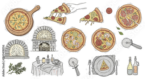 Assorted Pizza Illustrations and Dining Elements.