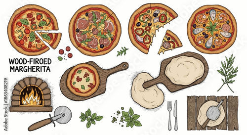 Assorted Pizzas and Cooking Utensils Illustration.