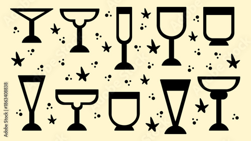 Black and white groovy cocktail set in retro cartoon style. Classic summer alcoholic drinks, playful hand-drawn design.