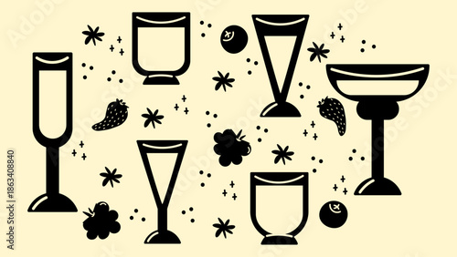 Minimal black and white retro cocktails in cartoon style. Hand-drawn groovy aperitif drinks served in assorted glasses.