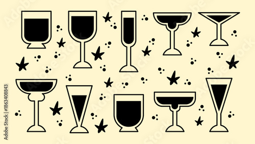 Monochrome hippie-style cocktail illustrations. Retro cartoon alcoholic drinks in unique glass shapes, hand-drawn summer vibes.