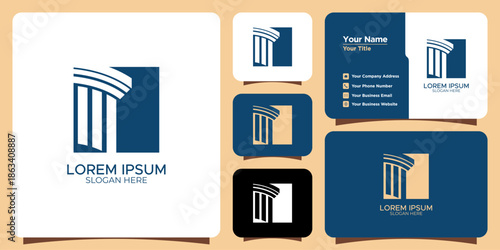 Modern Law Pillar Logo Design and Business Card Template for Legal and Architectural Branding