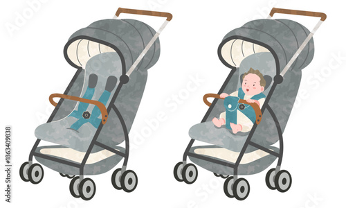 ベビーカーと赤ちゃんを乗せたベビーカーのセット