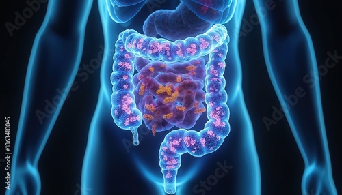 Human digestive system interior view showing gut microbiome. Microbes and bacteria colonize intestinal tract. Intestines function with flora.