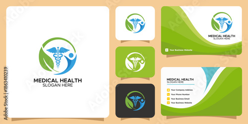 Medical Health Logo Design, Caduceus Symbol with Leaf and Human Figure, Professional Healthcare Icon for Clinic, Pharmacy, and Hospital Branding