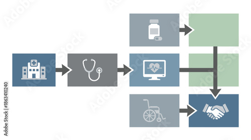 Healthcare process flow with medical icons and handshake